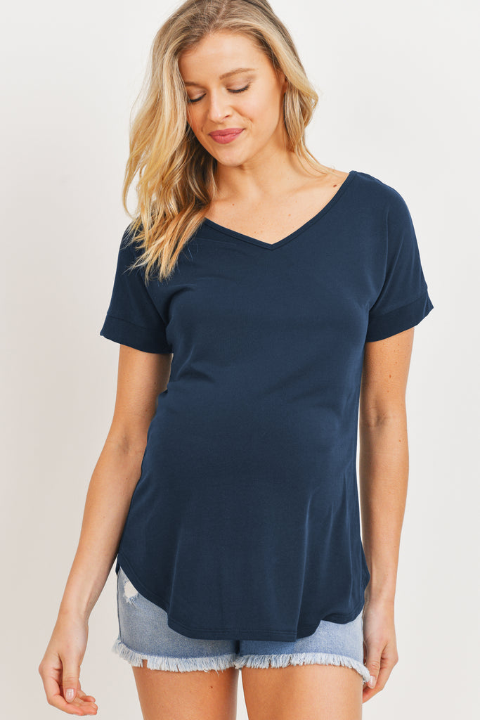 Navy Drop Shoulder V-Neck Shirts