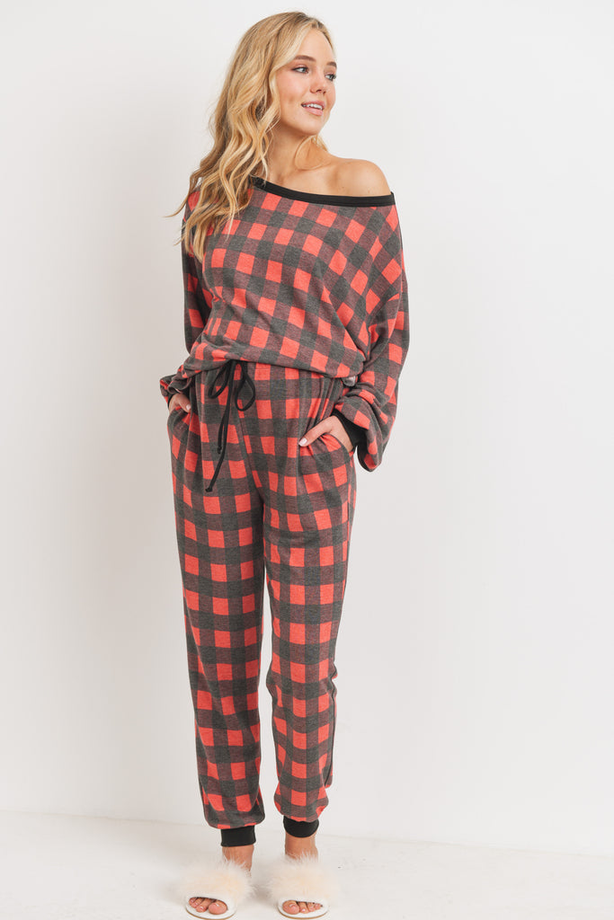 Black/Red Plaid Long Sleeve and Sweatpants Set