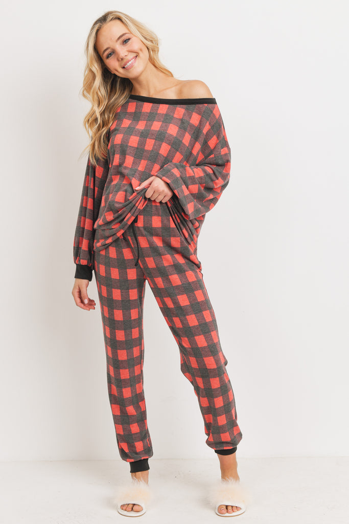 Black/Red Plaid Long Sleeve and Sweatpants Set