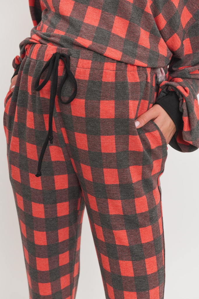 Black/Red Plaid Long Sleeve and Sweatpants Set