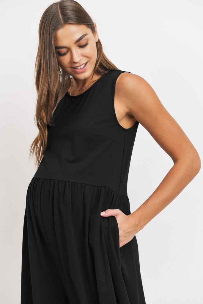 Black Zipper Back Wide Maternity  Capri Jumpsuit