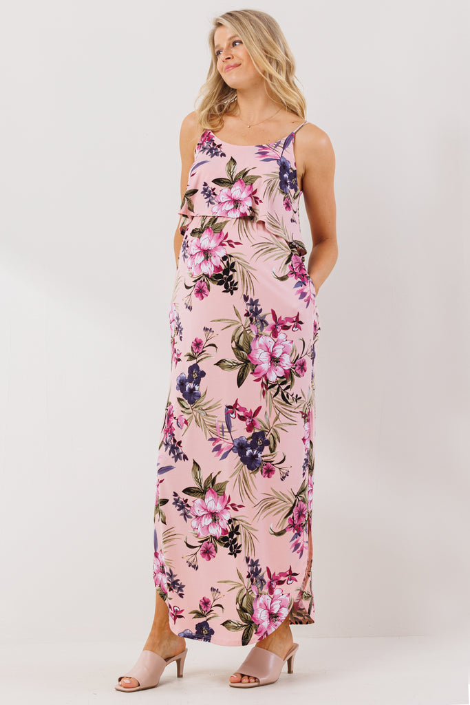 Pink Floral Overlay Top Maternity Nursing Dress