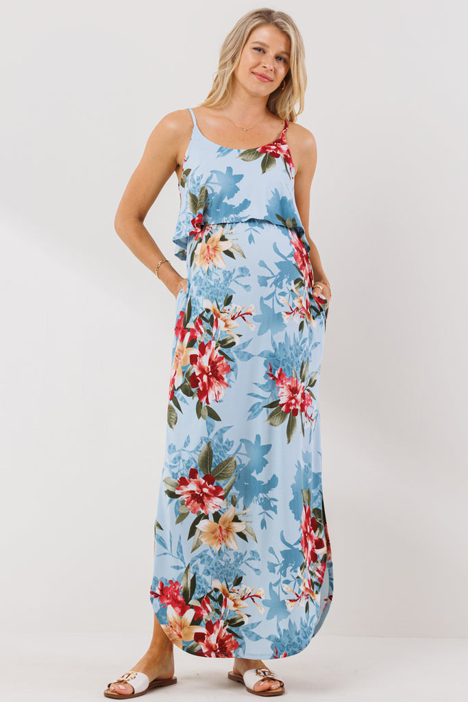 Blue Floral Overlay Top Maternity Nursing Dress