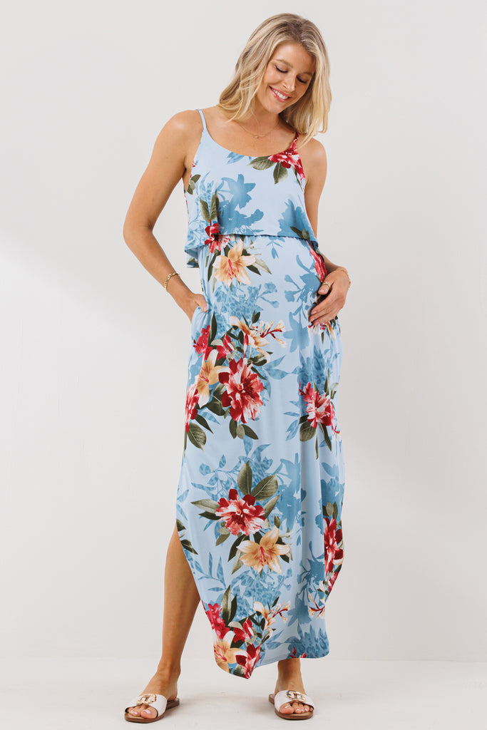 Blue Floral Overlay Top Maternity Nursing Dress