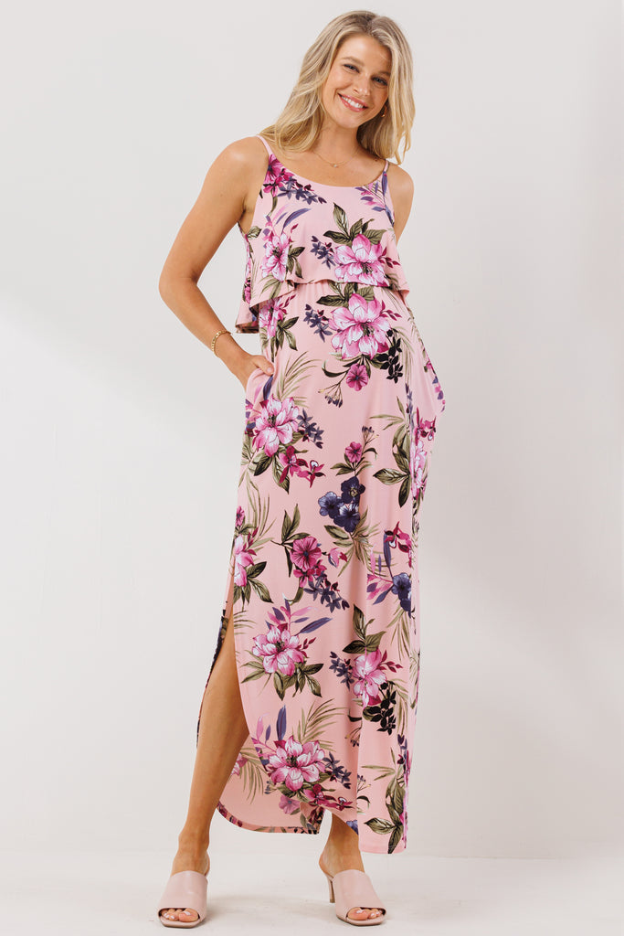 Pink Floral Overlay Top Maternity Nursing Dress