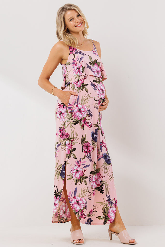 Pink Floral Overlay Top Maternity Nursing Dress