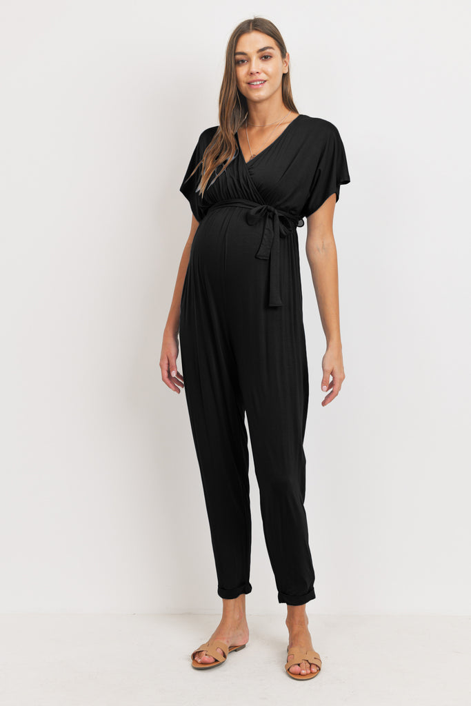 Black Kimono Sleeve Maternity/Nursing Jogger Jumpsuit