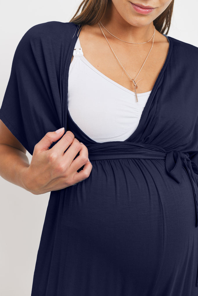 Navy Kimono Sleeve Maternity/Nursing Jogger Jumpsuit