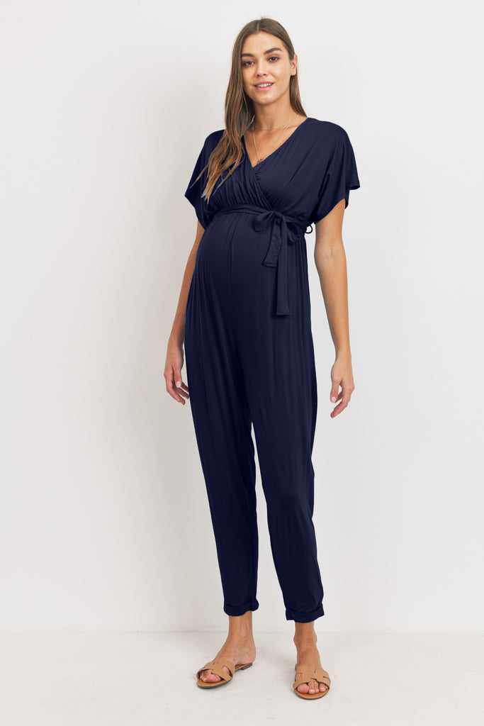 Navy Kimono Sleeve Maternity/Nursing Jogger Jumpsuit