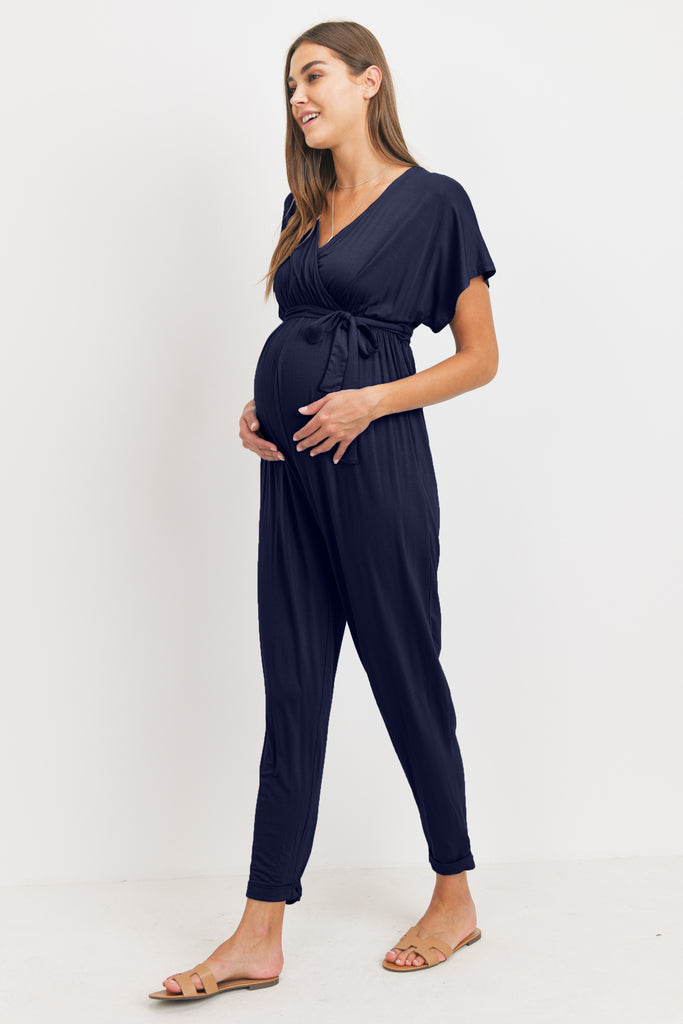 Navy Kimono Sleeve Maternity/Nursing Jogger Jumpsuit