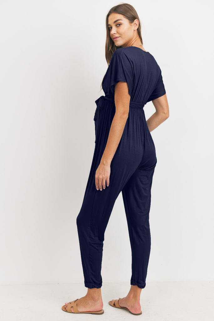 Navy Kimono Sleeve Maternity/Nursing Jogger Jumpsuit