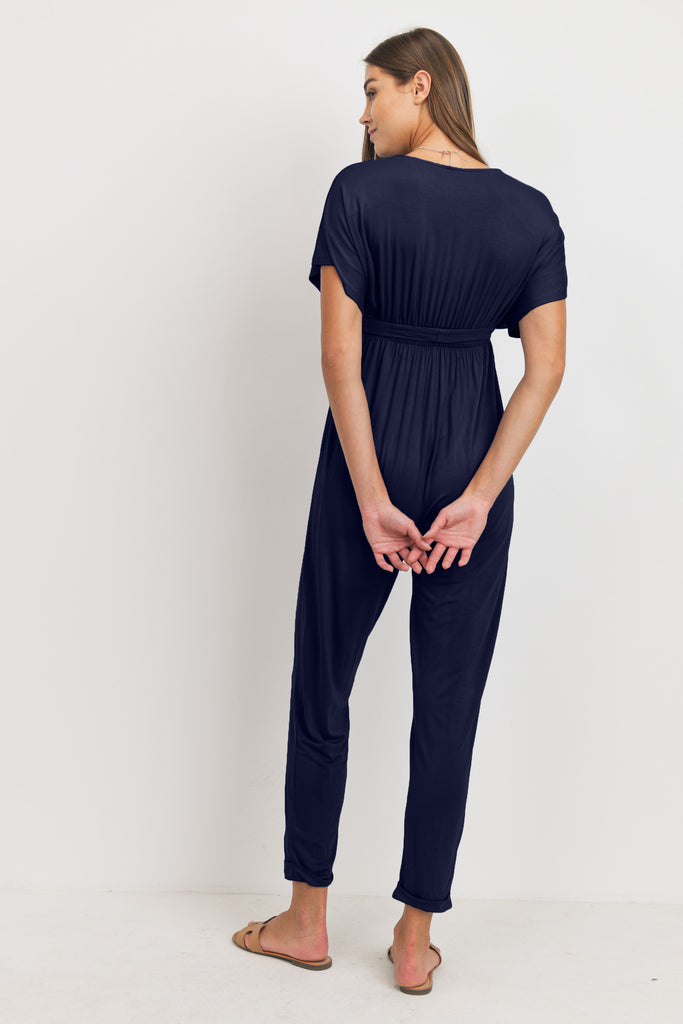 Navy Kimono Sleeve Maternity/Nursing Jogger Jumpsuit