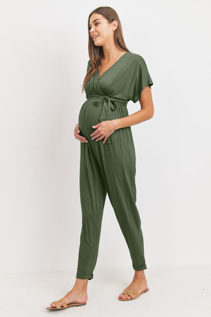 Olive Kimono Sleeve Maternity/Nursing Jogger Jumpsuit