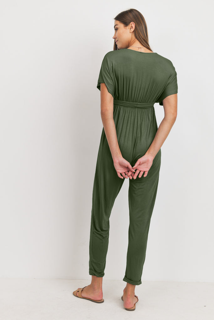 Olive Kimono Sleeve Maternity/Nursing Jogger Jumpsuit