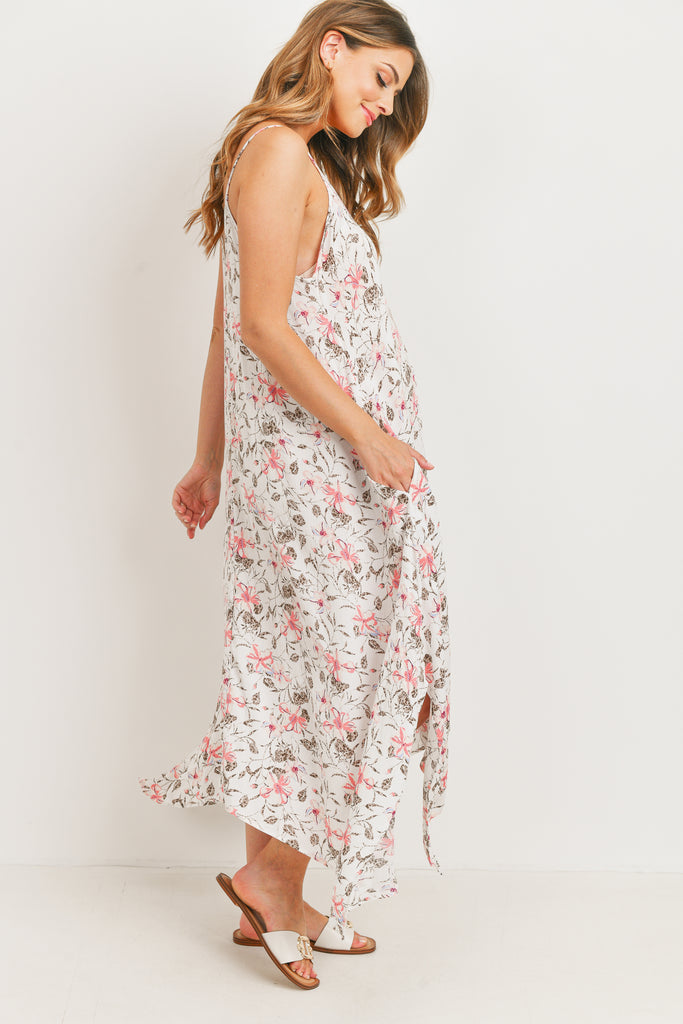 White Floral Spaghetti Strap Maternity Maxi Dress