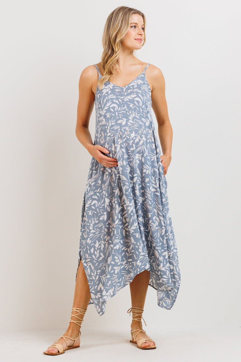 Chambray Floral  Printed Uneven Hem Maternity Dress
