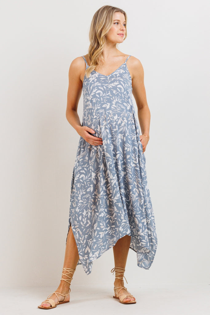 Chambray Floral  Printed Uneven Hem Maternity Dress