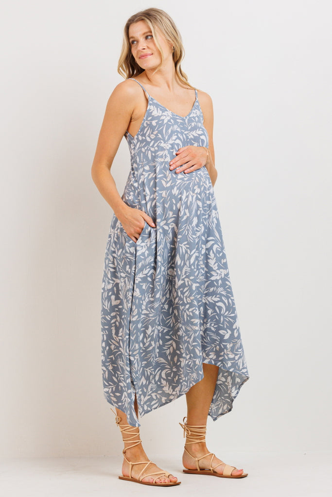 Chambray Floral  Printed Uneven Hem Maternity Dress