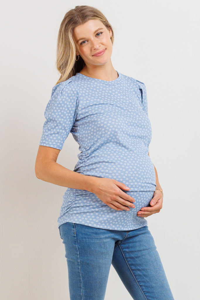 Sky Blue Puff Sleeve Ribbed Maternity Top