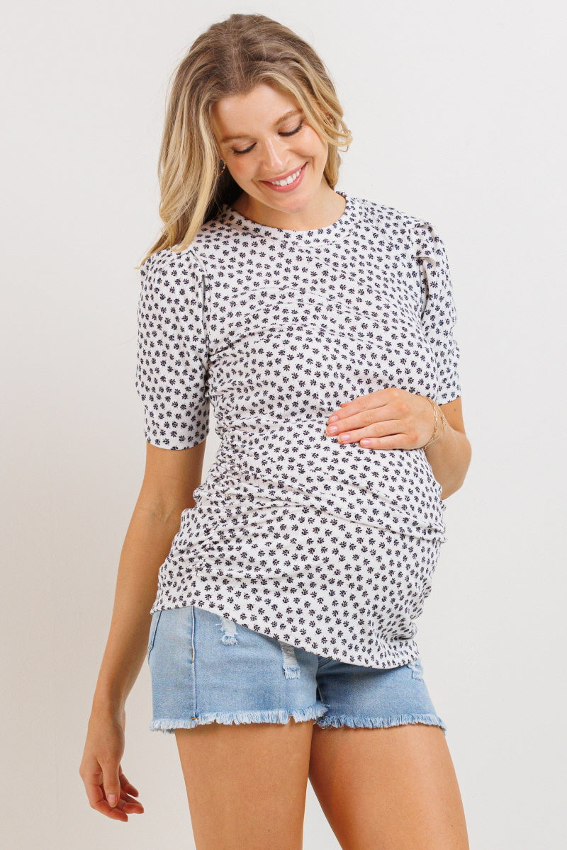 Off White Puff Sleeve Ribbed Maternity Top