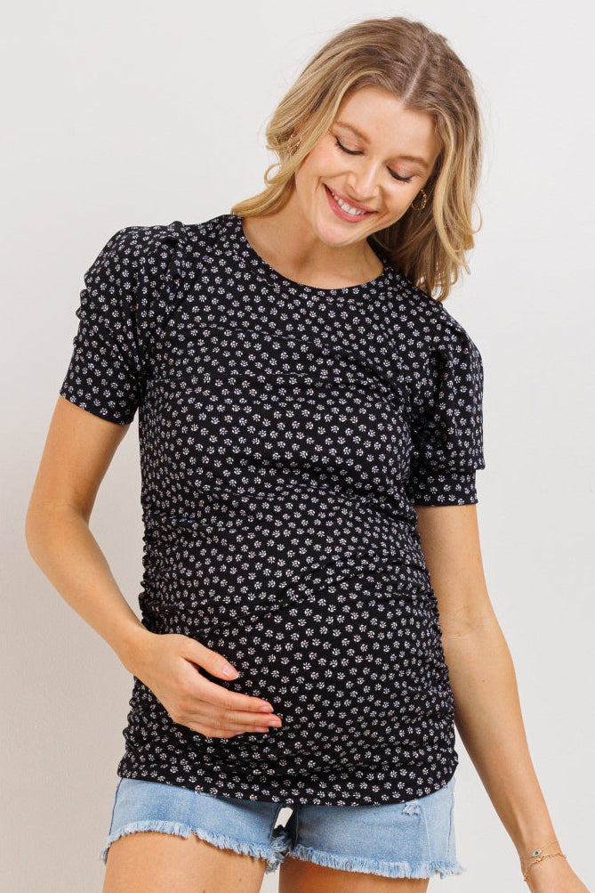 Black Puff Sleeve Ribbed Maternity Top
