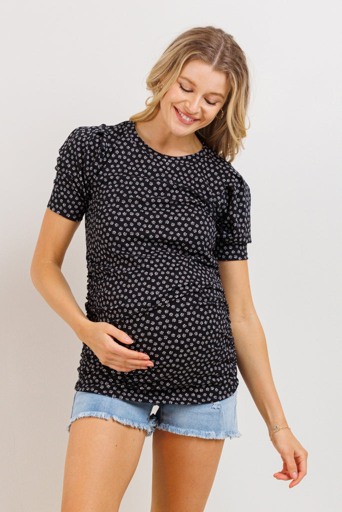 Black Puff Sleeve Ribbed Maternity Top