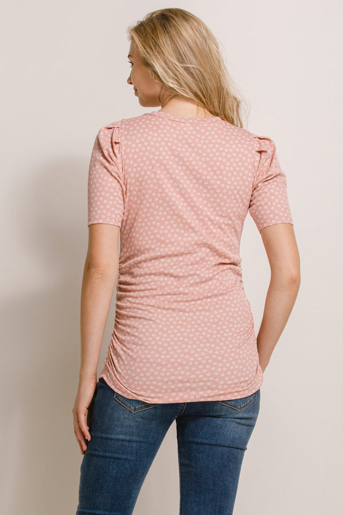 Pink Puff Sleeve Ribbed Maternity Top