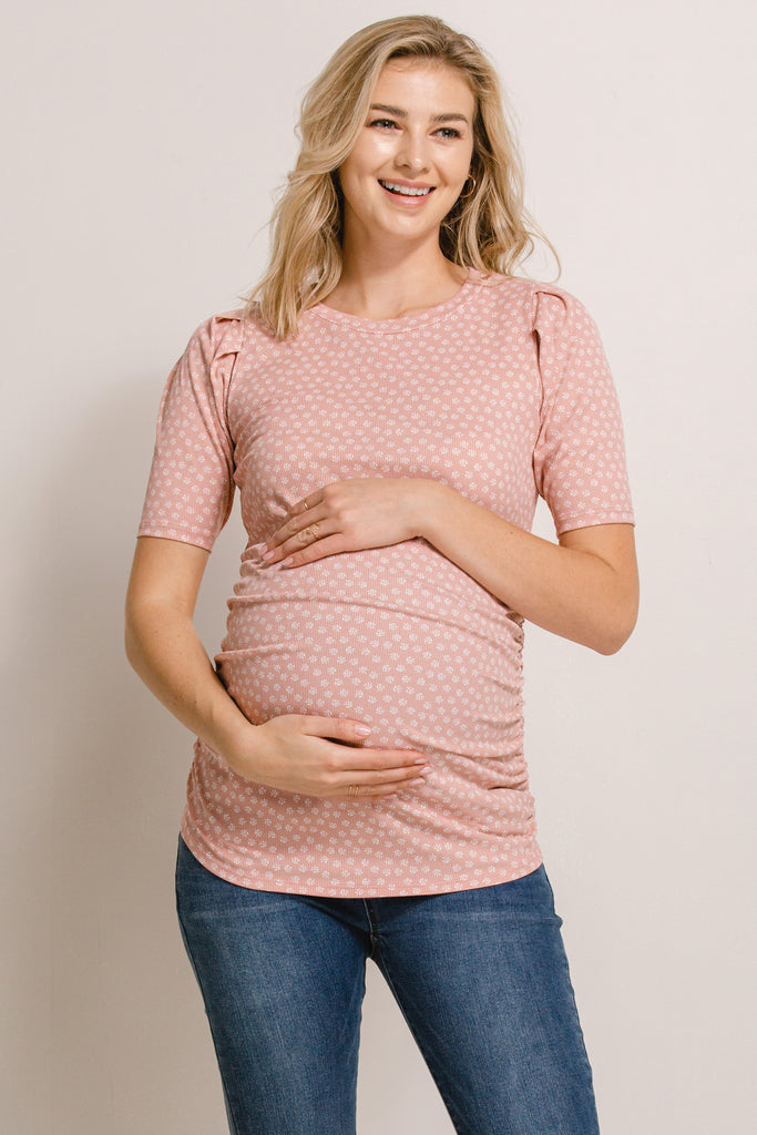 Pink Puff Sleeve Ribbed Maternity Top