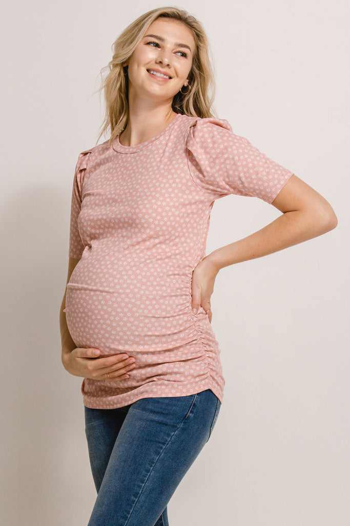 Pink Puff Sleeve Ribbed Maternity Top