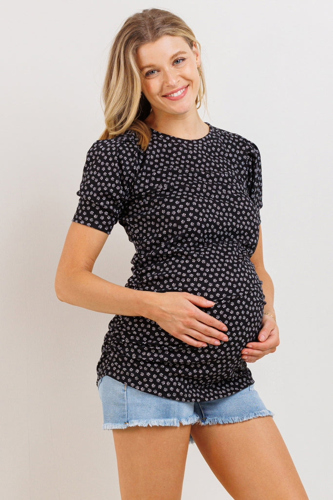 Black Puff Sleeve Ribbed Maternity Top