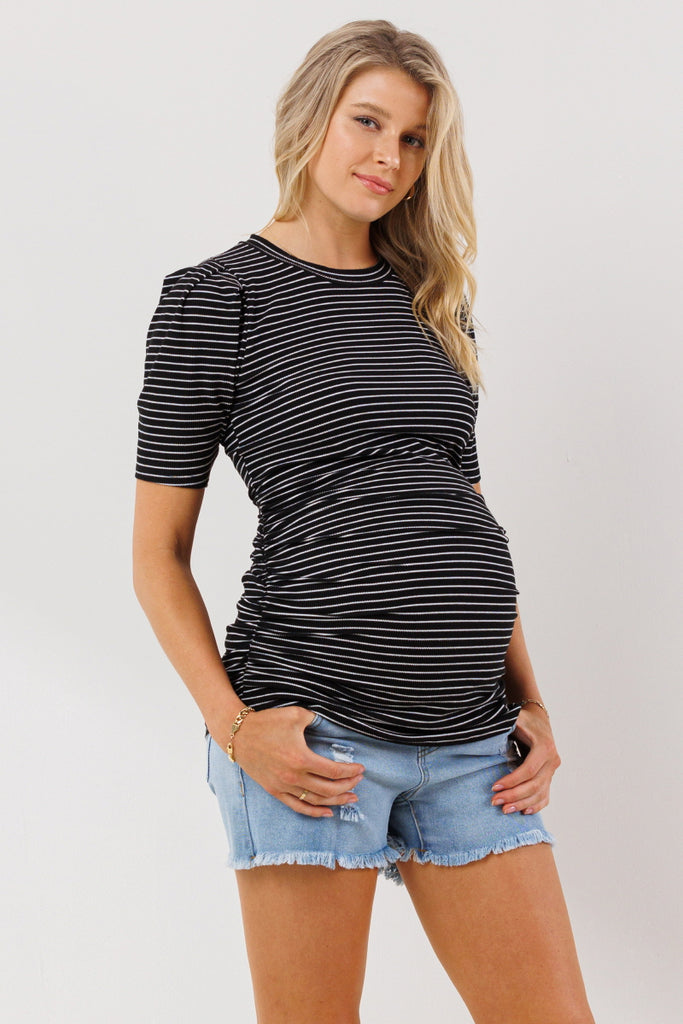 Black Stripe Puff Sleeve Ribbed Maternity Top