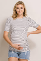 White Stripe Puff Sleeve Ribbed Maternity Top