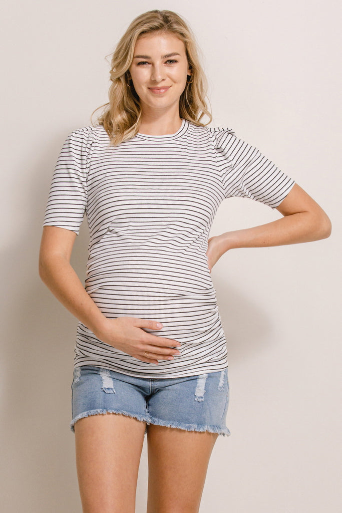 White Stripe Puff Sleeve Ribbed Maternity Top