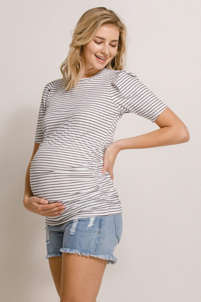 White Stripe Puff Sleeve Ribbed Maternity Top