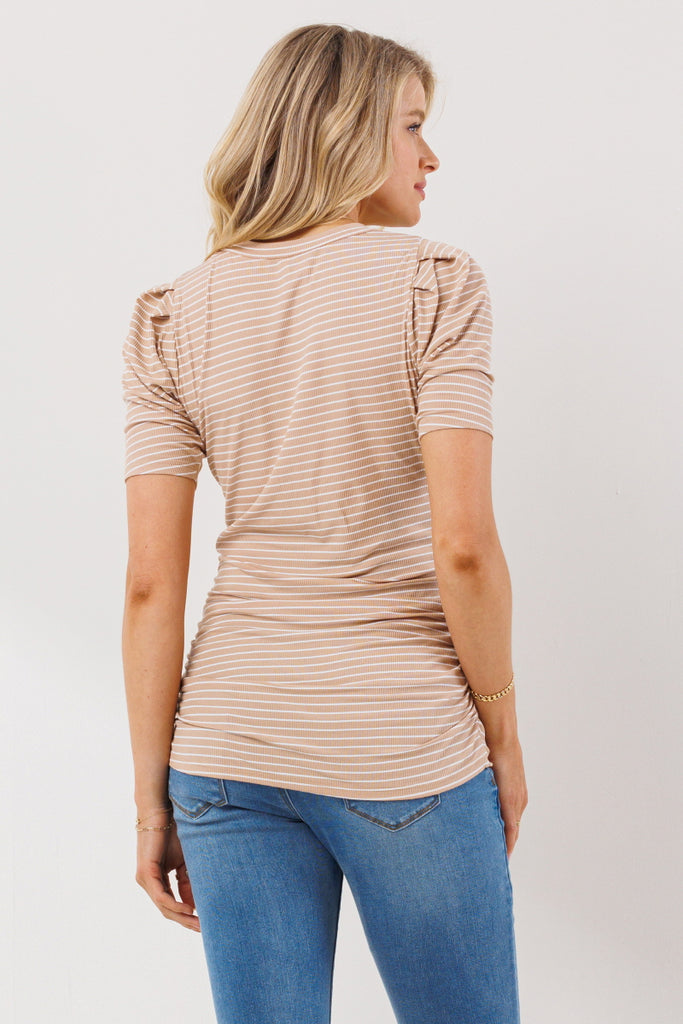 Taupe Stripe Puff Sleeve Ribbed Maternity Top