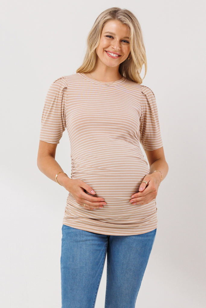 Taupe Stripe Puff Sleeve Ribbed Maternity Top