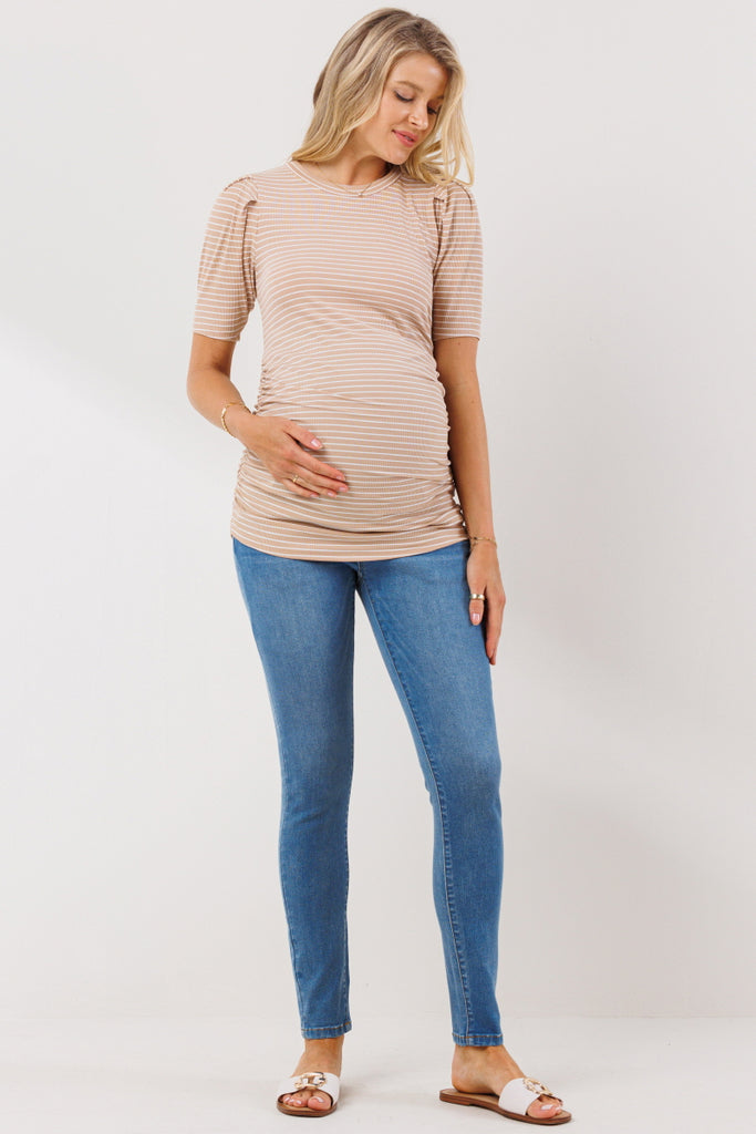 Taupe Stripe Puff Sleeve Ribbed Maternity Top