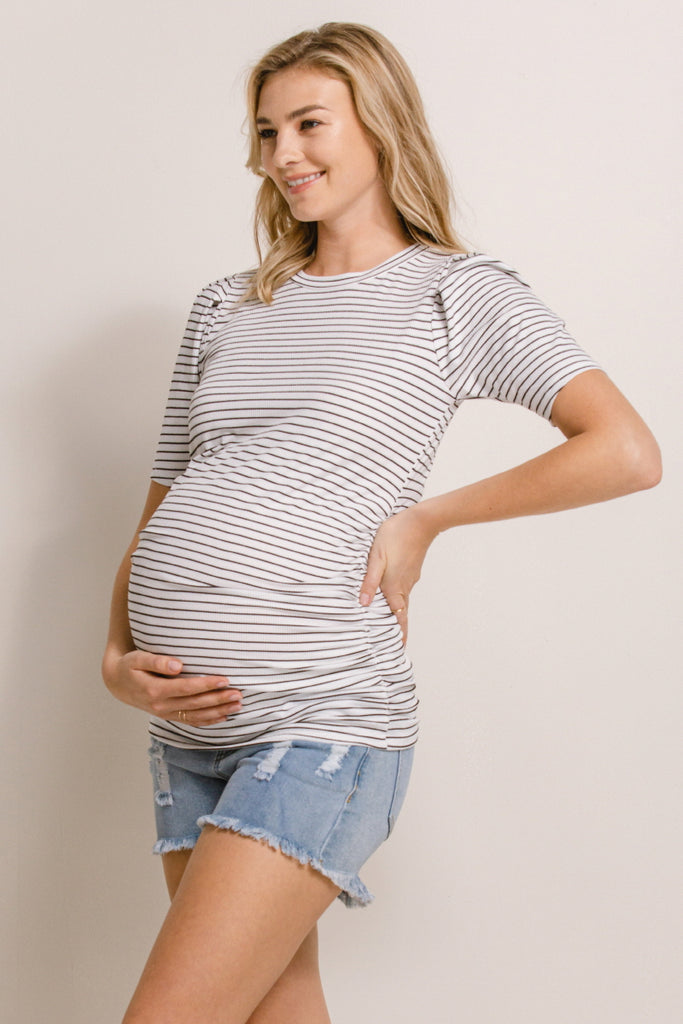 White Stripe Puff Sleeve Ribbed Maternity Top