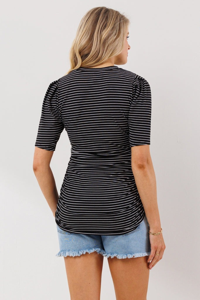 Black Stripe Puff Sleeve Ribbed Maternity Top