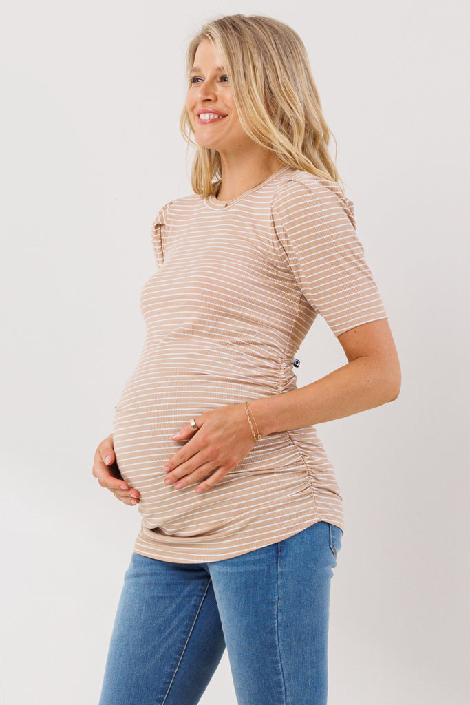 Taupe Stripe Puff Sleeve Ribbed Maternity Top