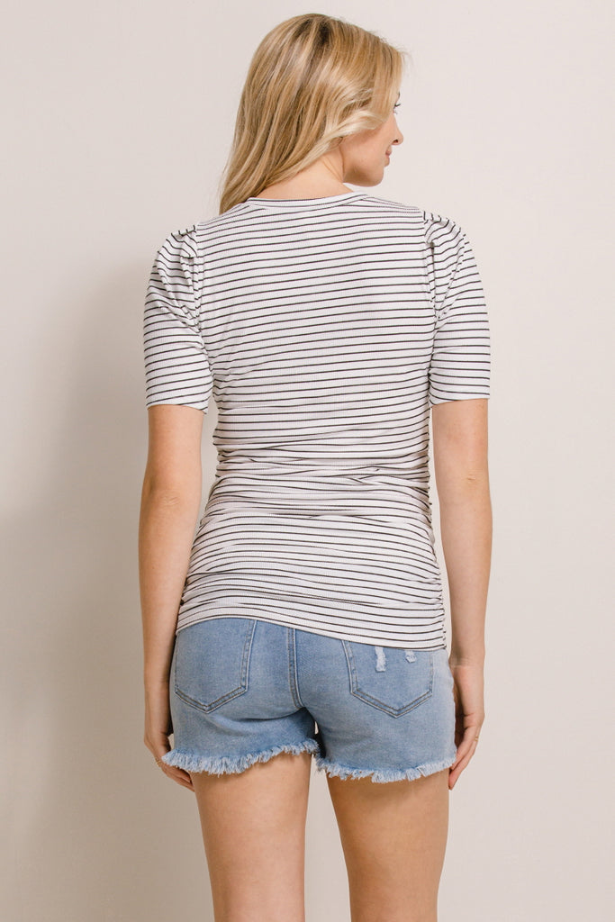 White Stripe Puff Sleeve Ribbed Maternity Top