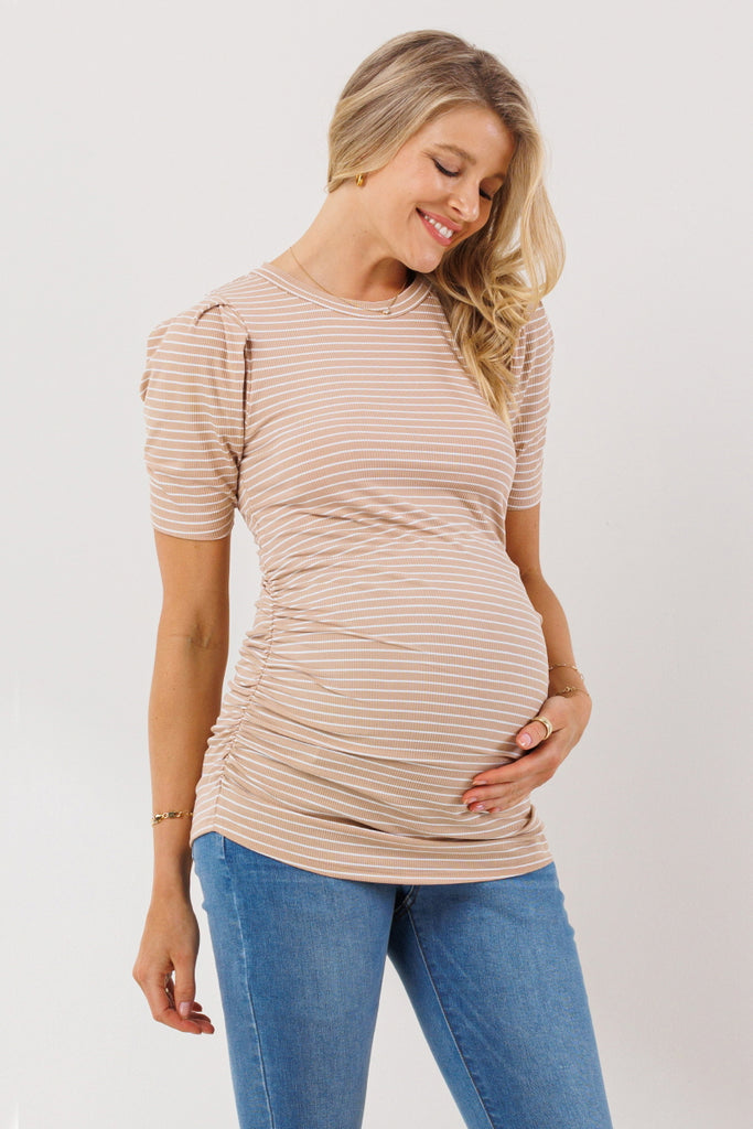 Taupe Stripe Puff Sleeve Ribbed Maternity Top