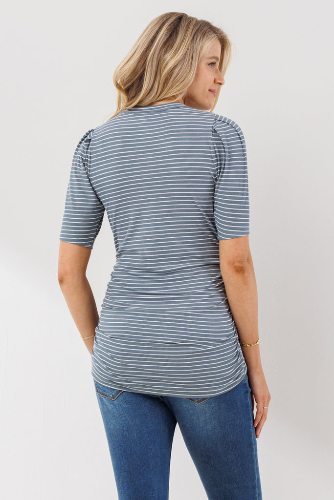 Slate Stripe Puff Sleeve Ribbed Maternity Top