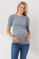 Slate Stripe Puff Sleeve Ribbed Maternity Top