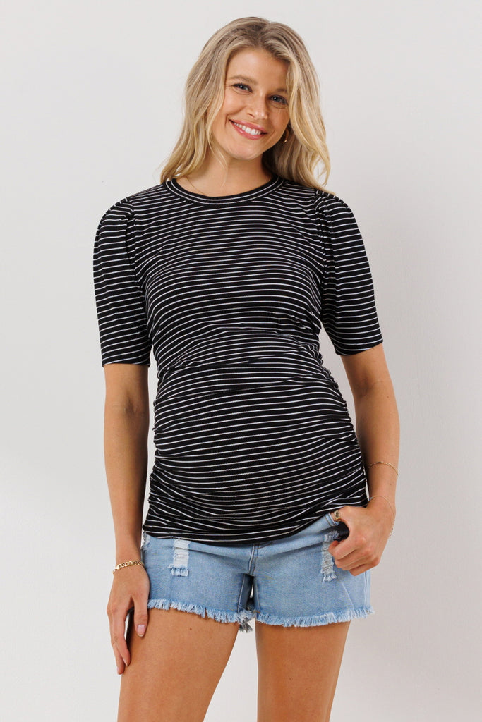 Black Stripe Puff Sleeve Ribbed Maternity Top