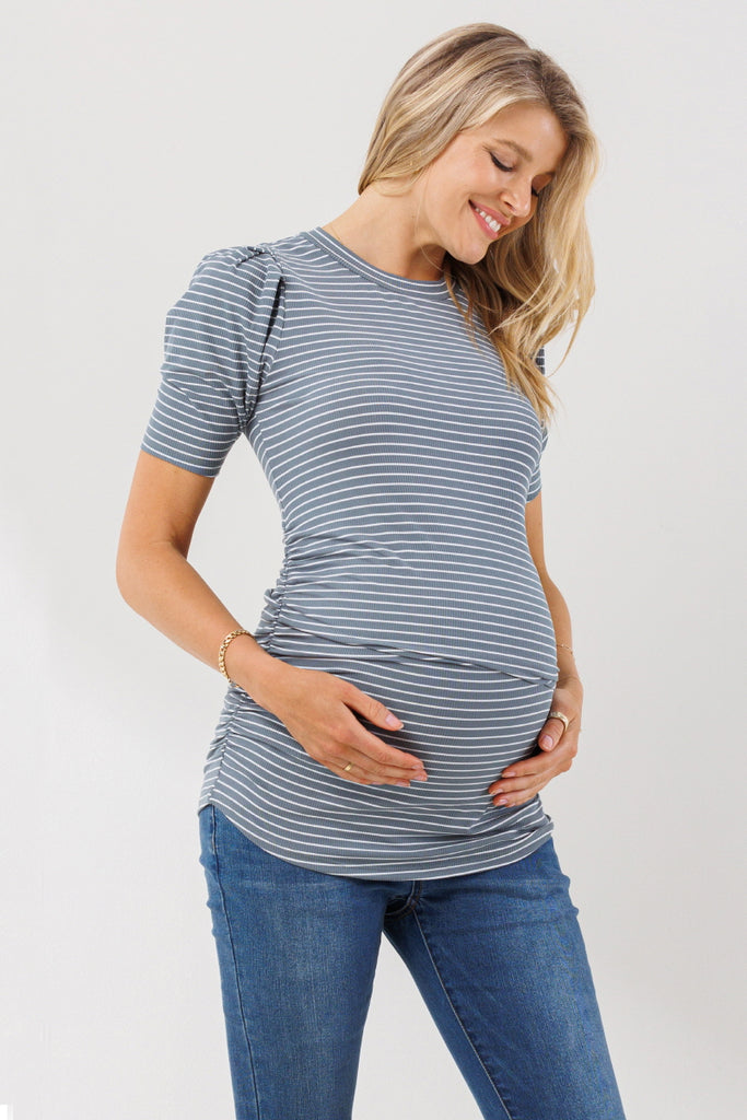 Slate Stripe Puff Sleeve Ribbed Maternity Top