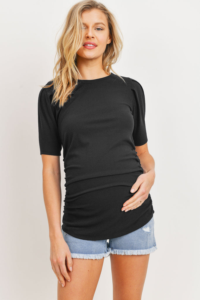 Black Puff Sleeve Ribbed Maternity Top