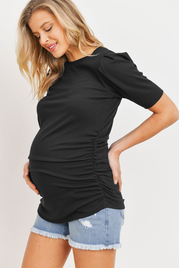 Black Puff Sleeve Ribbed Maternity Top