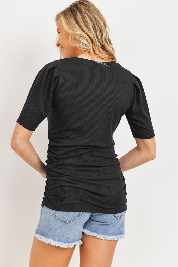 Black Puff Sleeve Ribbed Maternity Top