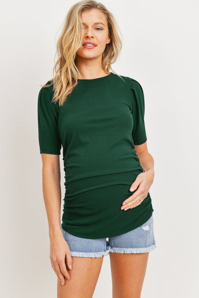 Hunter Green Puff Sleeve Ribbed Maternity Top